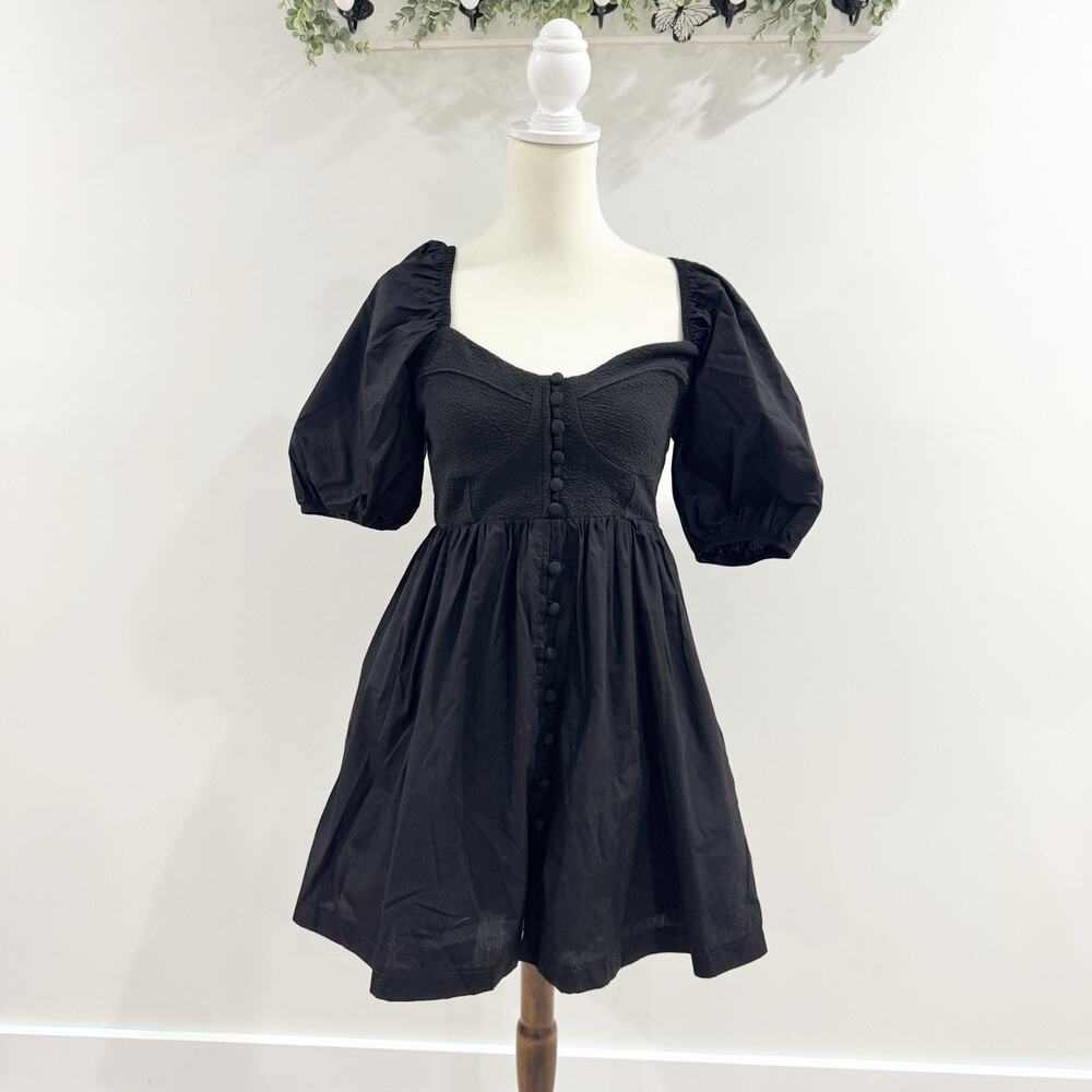 Anthropologie Maeve Puff-Sleeved Sweetheart Babydoll Mini Dress Black Small